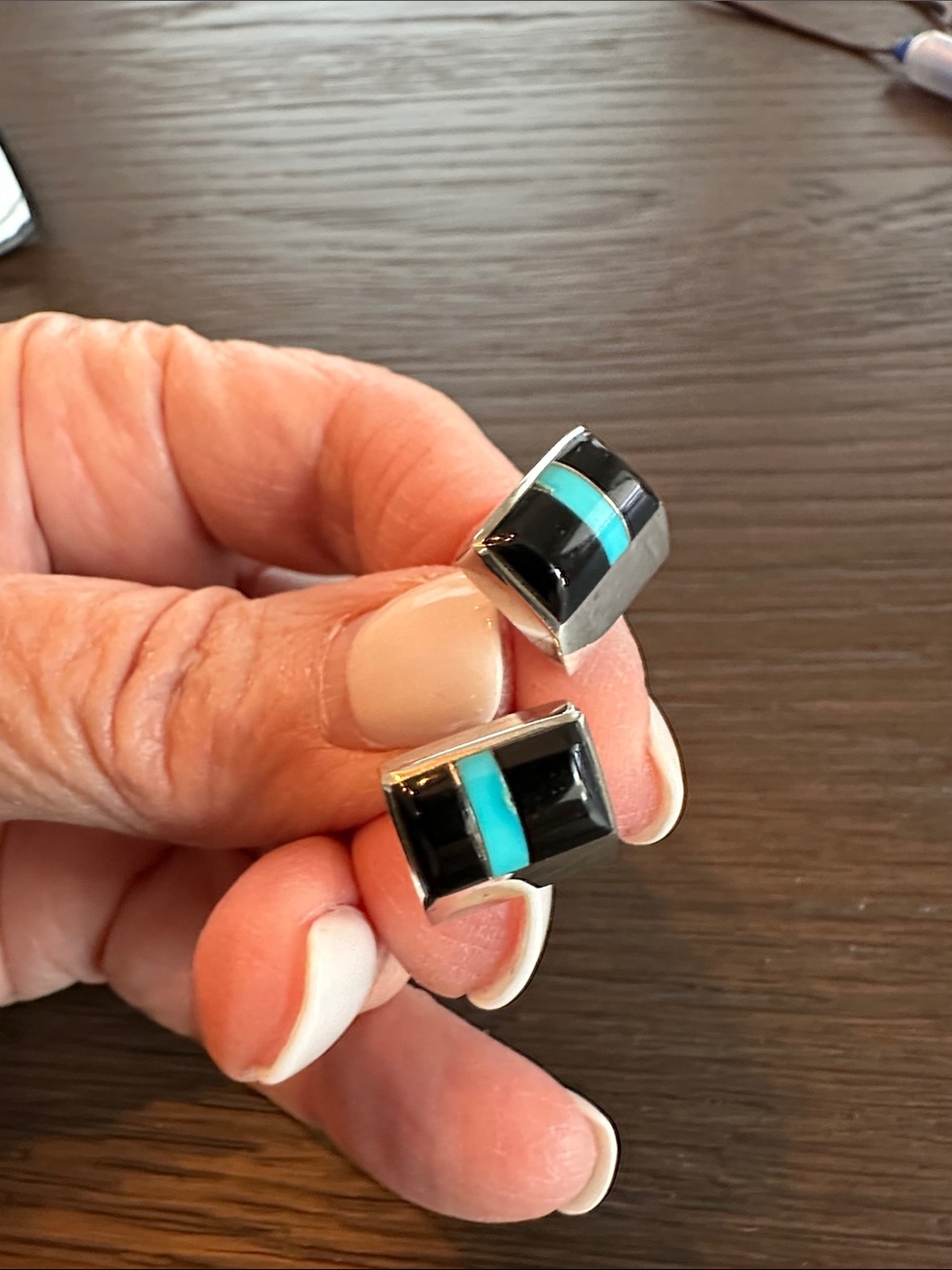 ELN (maybe Edwin Levin) Sterling Silver Black and Turquoise Inlay earrings